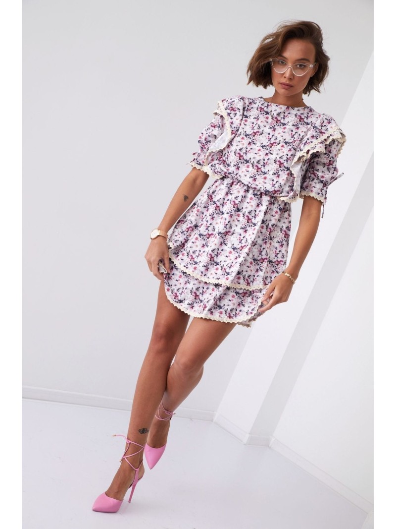 Rochie florala cu volane, gri si prune 5780 - Magazin online - Boutique